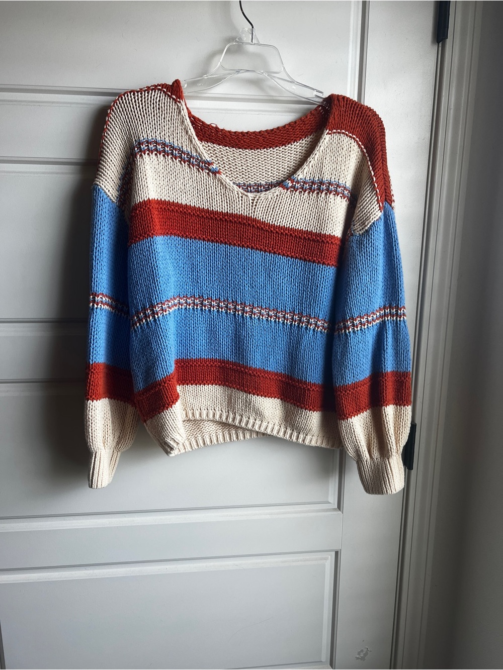 Casual V-Neck Striped Sweater in Orange, Blue & Cream